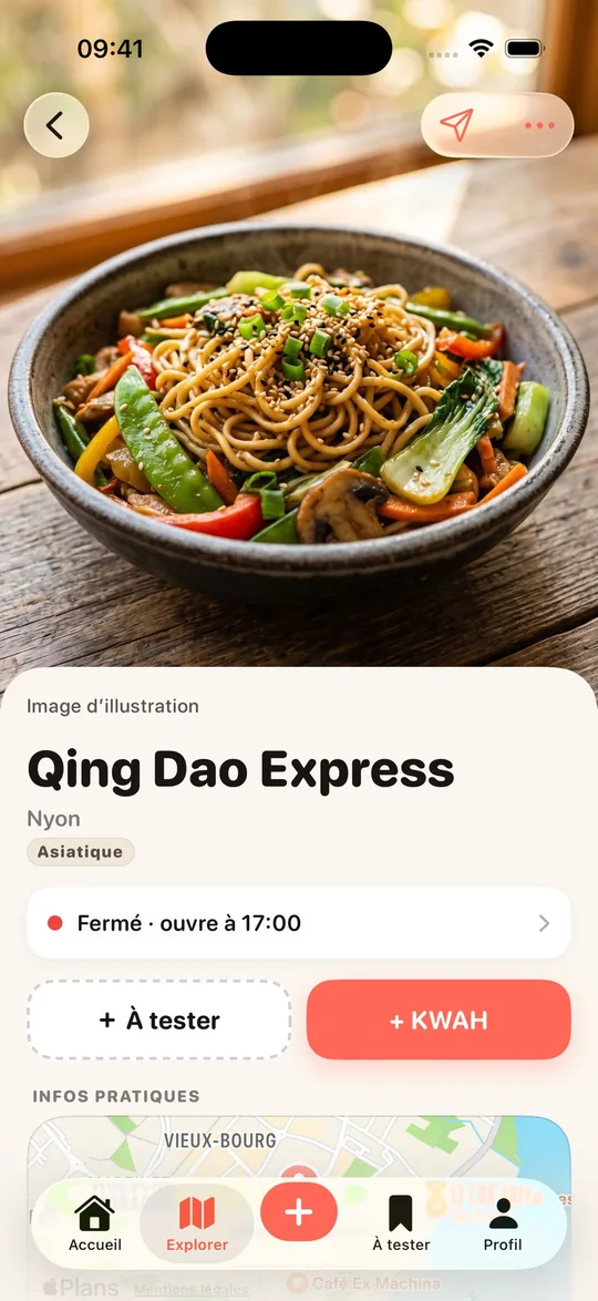 La fiche d’un restaurant avec le bouton À tester